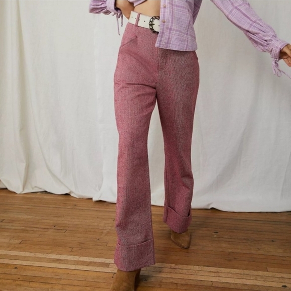 Free People Selina Tweed Wide Leg Cuffed Pants Pink Rose Women’s Size 10 - Picture 4 of 17